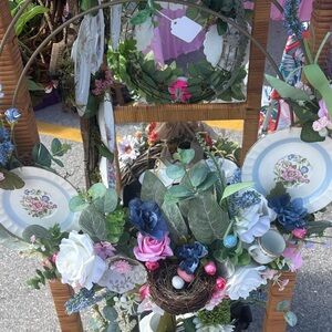 Floral Wreath Display with Porcelain Plate Accents - Pink, Blue, White